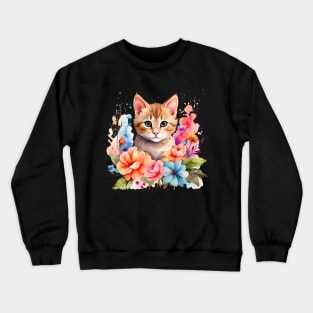 A cat decorated with beautiful watercolor flowers Crewneck Sweatshirt